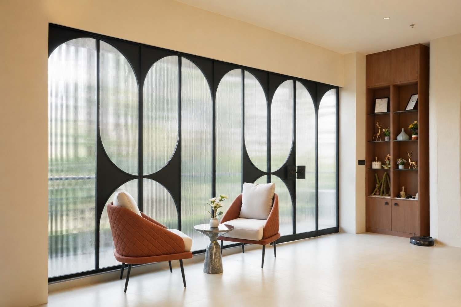 Airy lounge with arched glass windows at The Bliss