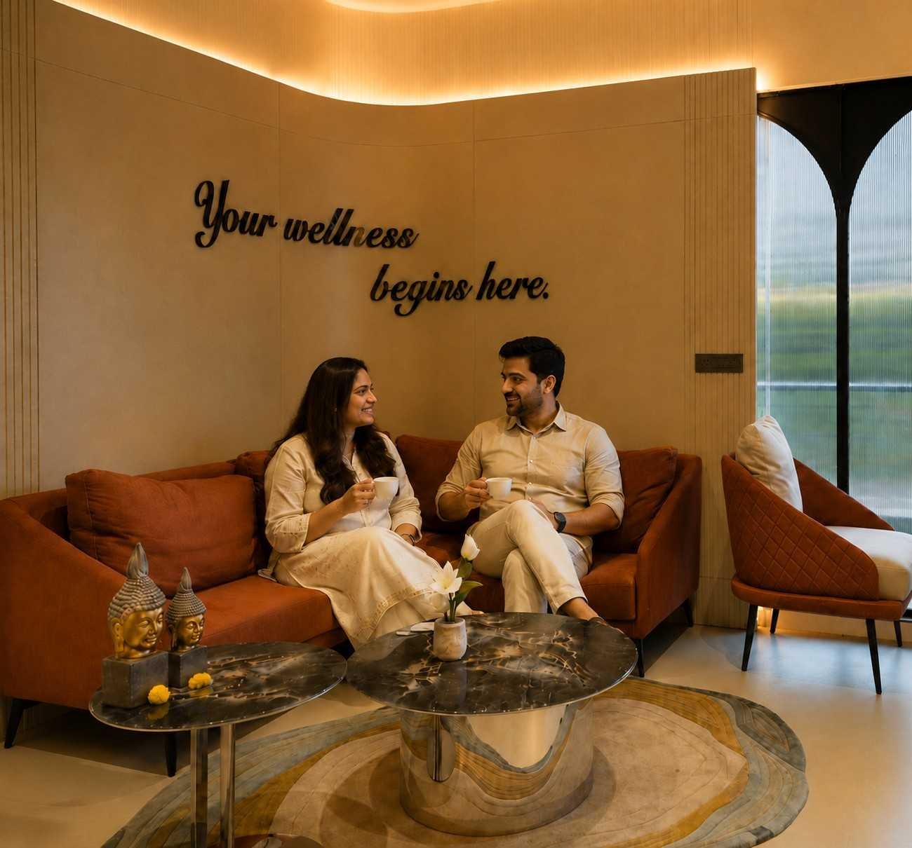 Aarav and Meher laughing together comfortably in warm luxury spa lounge