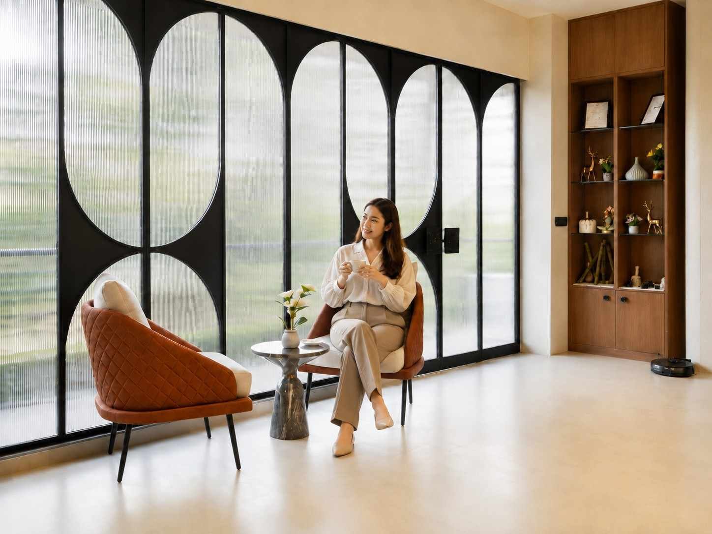Priya Mehta resting comfortably with a warm cup of herbal tea in luxury spa lounge